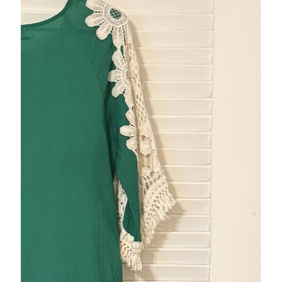UMGEE Green Gauzy Tunic Top w Flower Crochet Sleeves Fringe Hem Cottagecore Lg - Picture 7 of 11